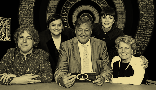 Photo of participants in an episode of QI (Left to right): Alan Davies, Susan Calman, Stephen Fry, Aisling Bea, Sandi Toksvig