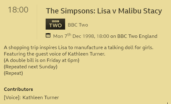 BBC Genome screencap with details of that most-viewed episode: Lisa v Malibu Stacy