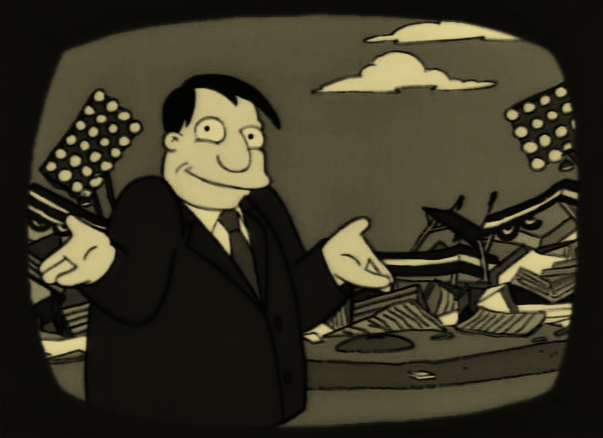 Picture of Mayor Quimby next to a collapsed stadium
