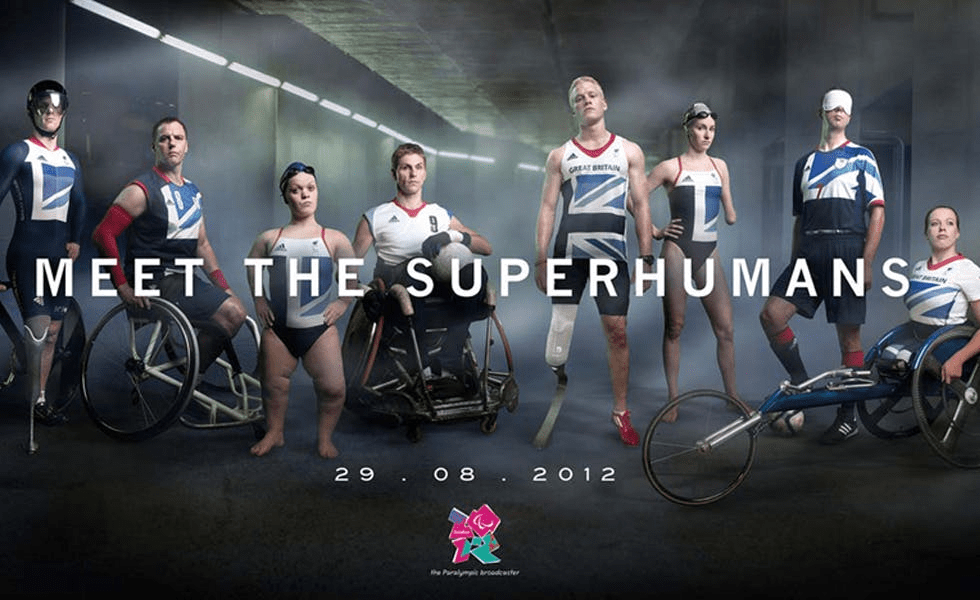Photo: Promo image for C4's Paralympic coverage. Several Paralympians are posing, with the caption MEET THE SUPERHUMANS.