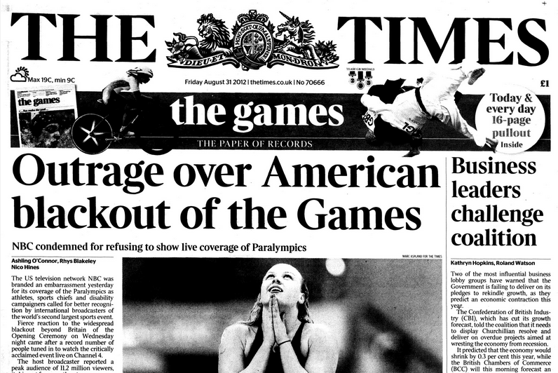 SCAN: Front page of The Times. Headline - Outrage over American blackout of the Games.