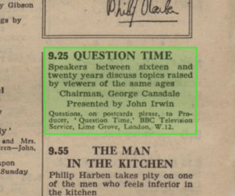 SCAN: Radio Times listing for the 1952 Question Time