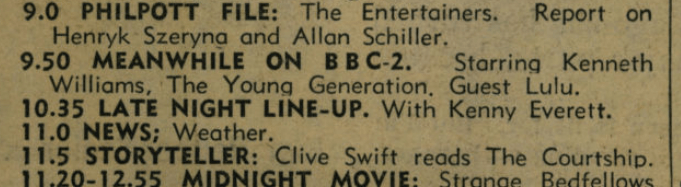 SCAN: TV listing for 10.35 Late Night Line-Up. With Kenny Everett.