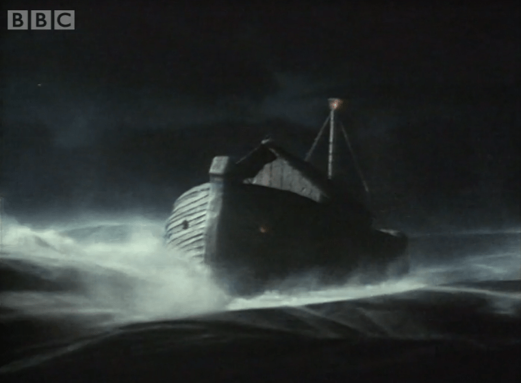 SCREENCAP: A stormy night sea, atop which is an ark. Probably a very famous ark.