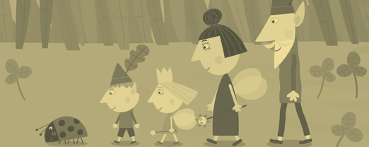 Gaston, Ben, Holly, Nanny Plum and Wise Old Elf from Ben & Holly's Little Kingdom go investigating in the meadow