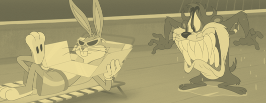 Bugs Bunny relaxes on a sun lounger while Tax snarls behind him