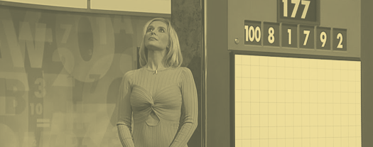 Rachel Riley in front of the Countdown numbers board