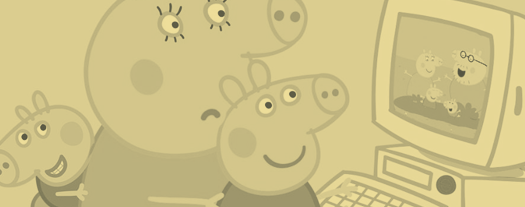 Peppa and George Pig look at a video on their computer, while Mum looks concerned